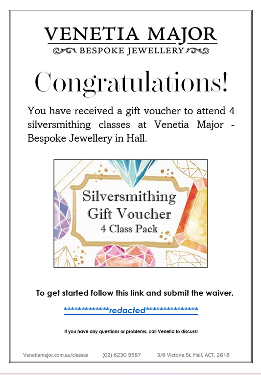 Silversmithing Classes Gift Voucher - 4 Pack