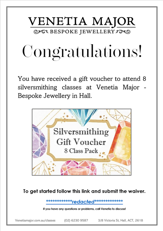 Silversmithing Classes Gift Voucher - 8 Pack