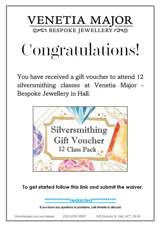 Silversmithing Class Gift Voucher - 12 Pack
