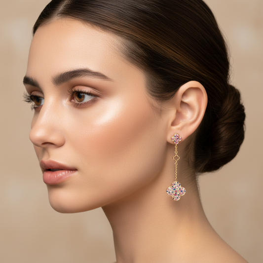 Long Rainbow Sapphire Clover Earrings