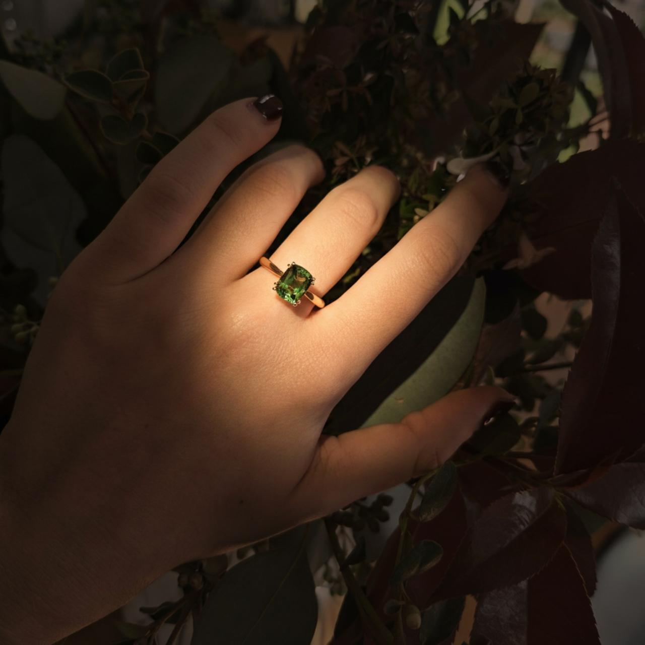 Green Tourmaline Cushion Cut Ring