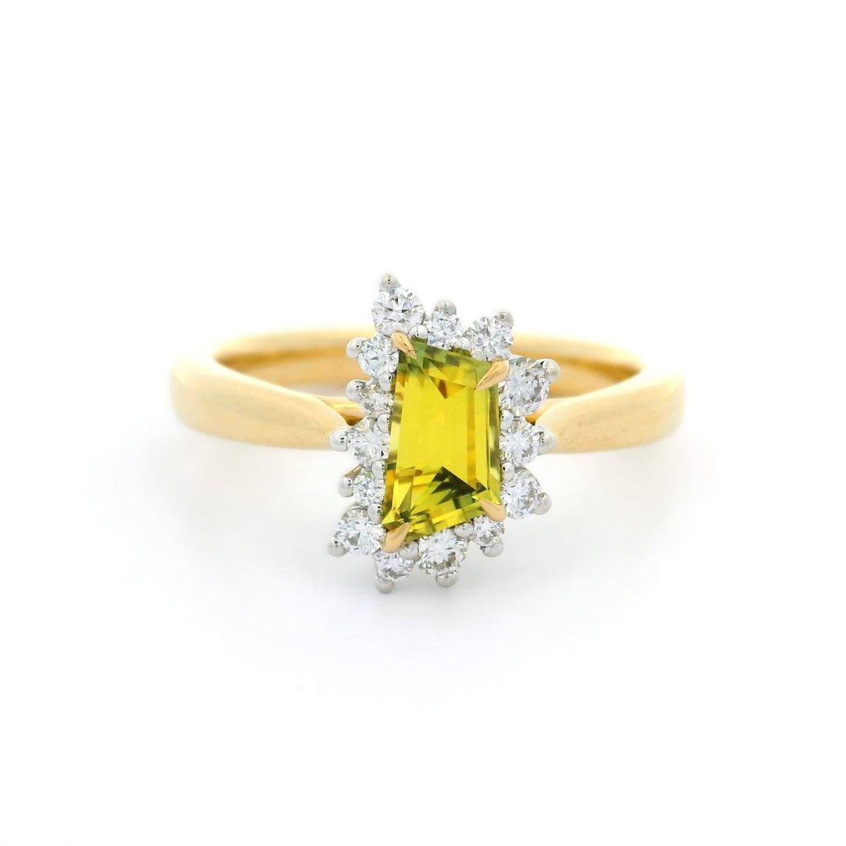 Freeform Yellow/Green Parti Sapphire & Diamond Halo Ring