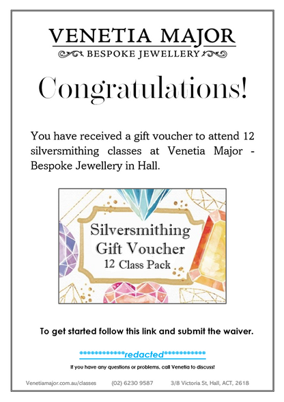 Silversmithing Class Gift Voucher - 12 Pack