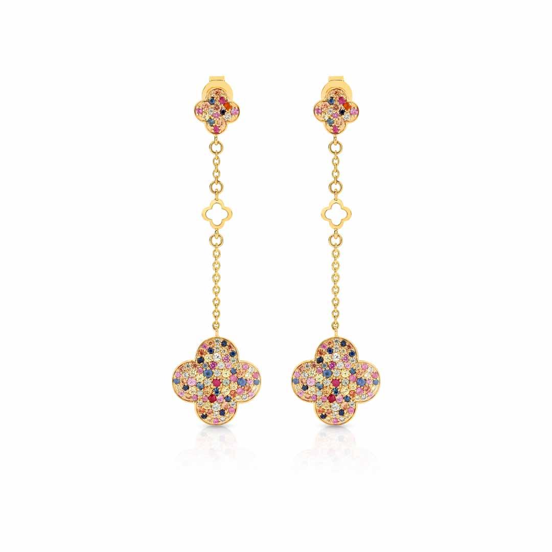 Long Rainbow Sapphire Clover Earrings
