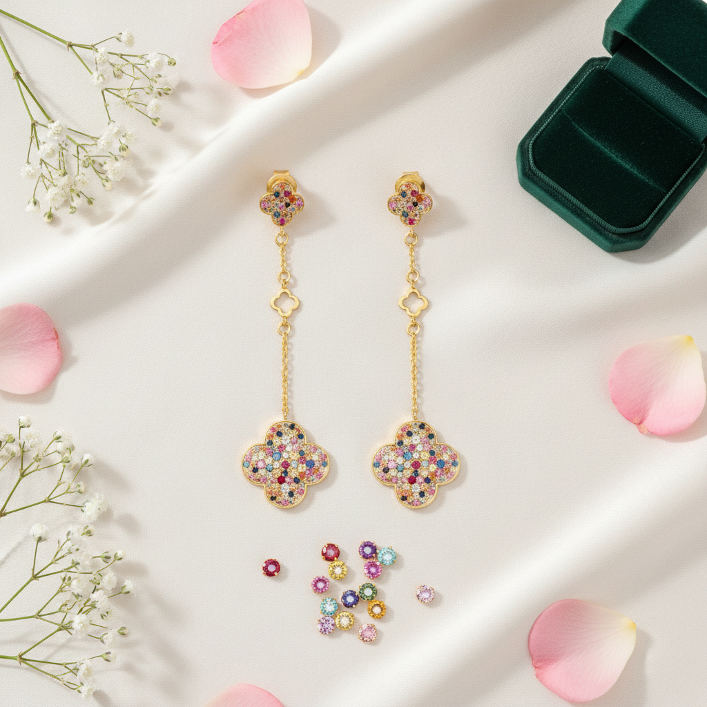 Long Rainbow Sapphire Clover Earrings