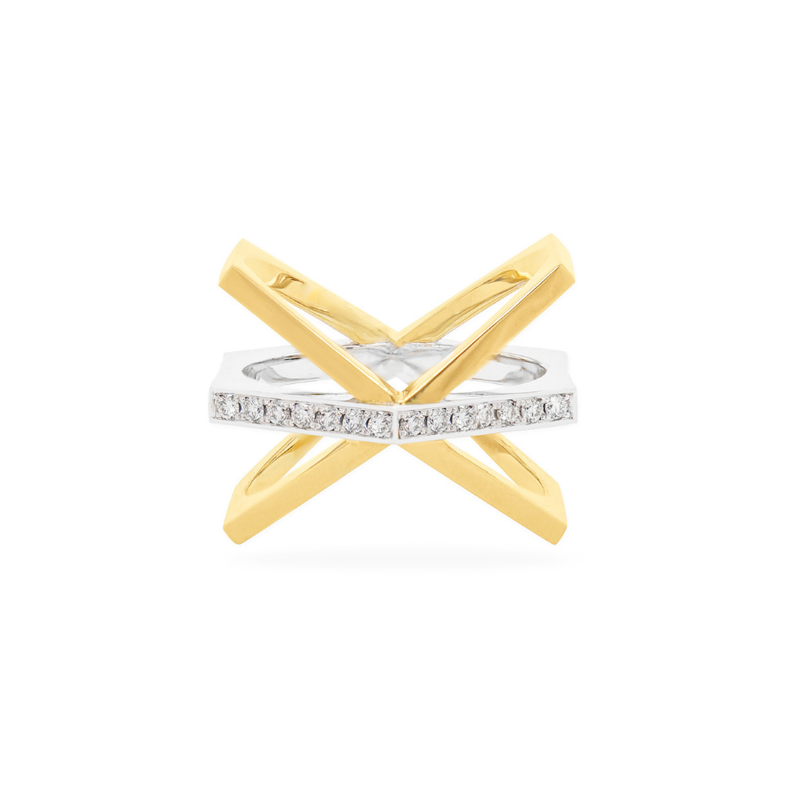Yellow and white gold Hex ring with diamonds bead set through centre.