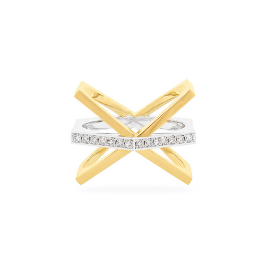 Yellow and white gold Hex ring with diamonds bead set through centre.