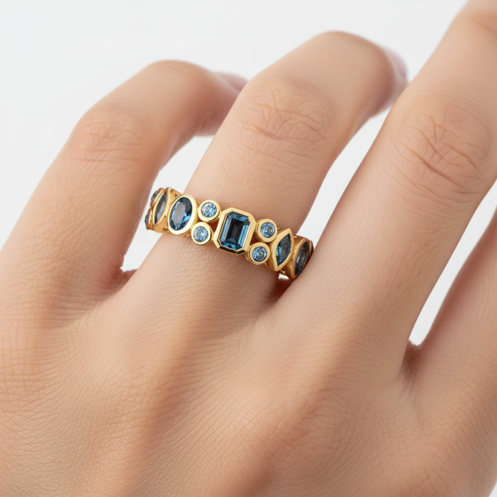9ct Yellow Gold Ring with Blue Topaz Multi Shape Bezel Ring