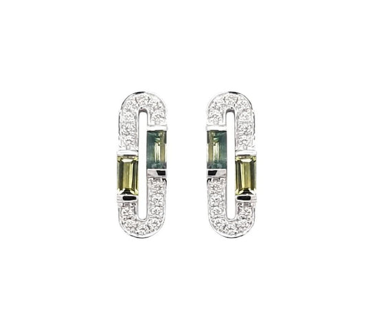 Art deco earrings in white gold with parti sapphires and diamonds