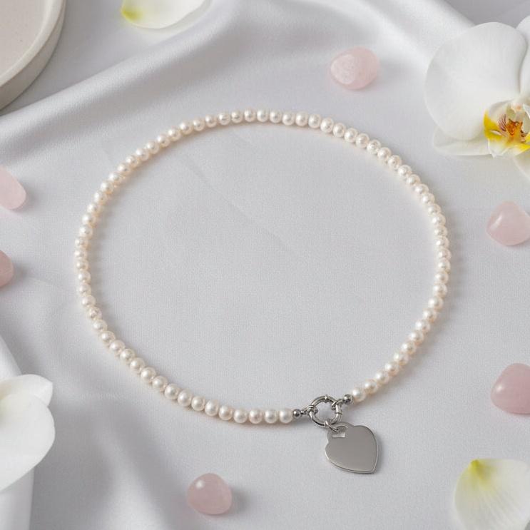 Pearl Necklace with Heart Tag