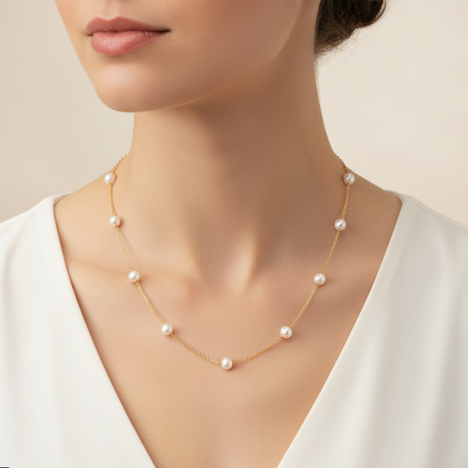 Pearl necklace on a model against a neutral background