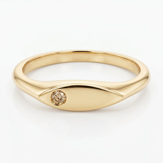 A yellow gold signet ring with a small round dark gemstone set on the front, photographed on a plain light gray background.