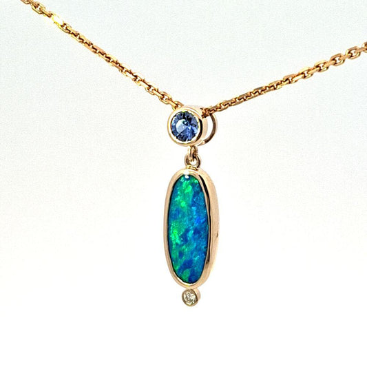 Opal, Ceylon Sapphire & Diamond pendant
